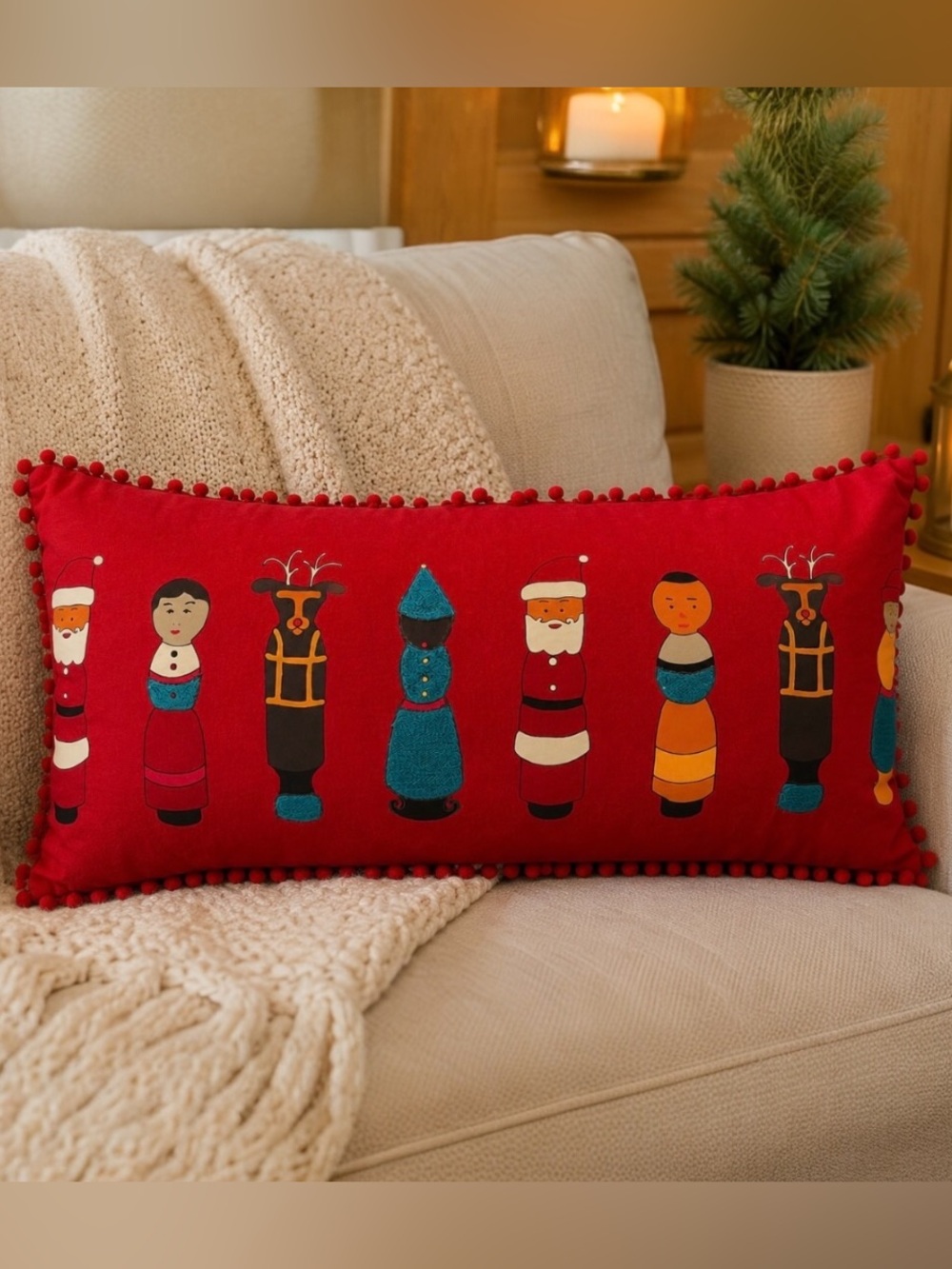 Crate & Barrel Winder Red Embroidered Feathered Christmas Pillow Santa Reindeer